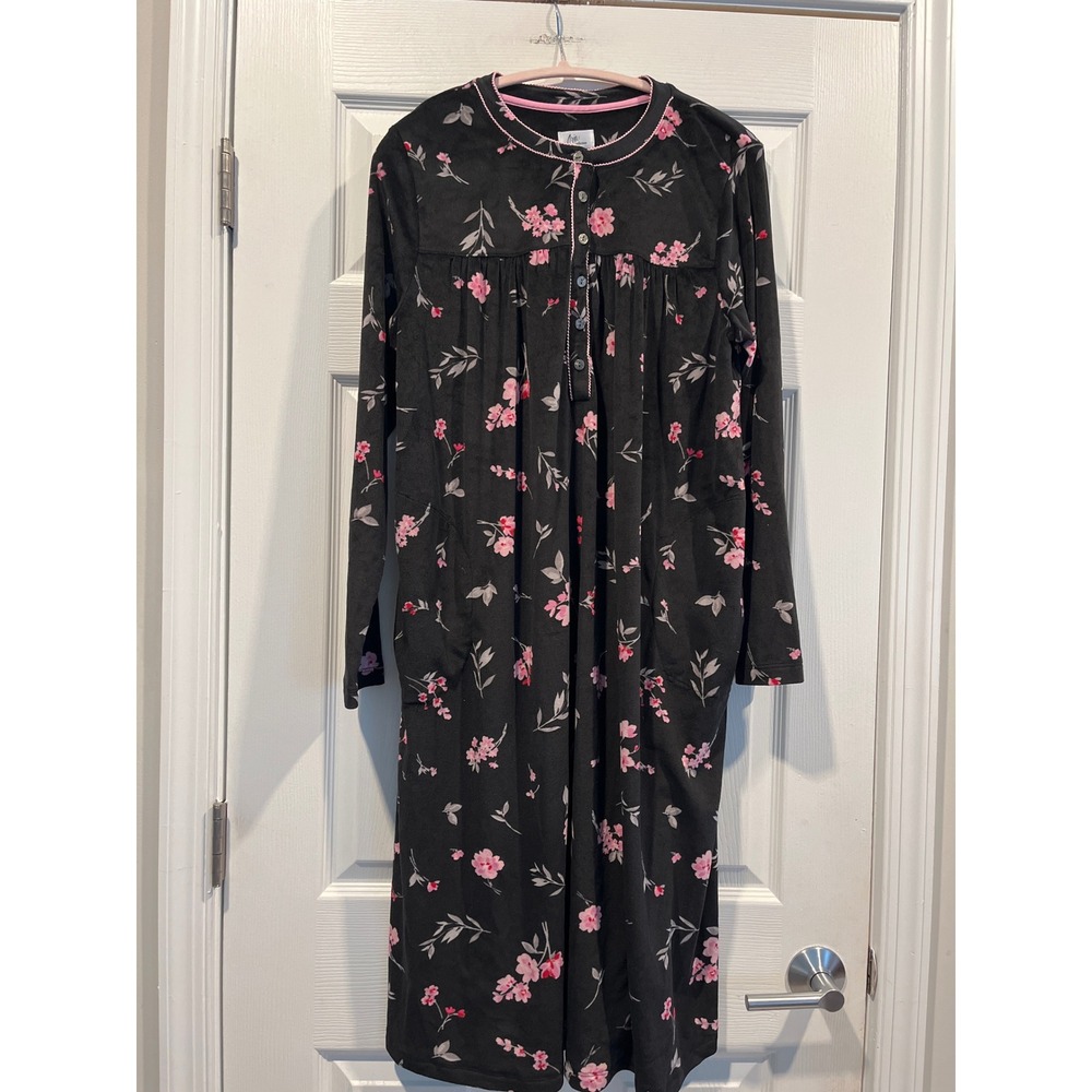 Aria Collection Nightgown Womens Large Black Pink Floral Long Sleeve Pockets L